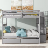 Full Over Full Bunk Bed with 2 Drawers and Staircases, Convertible into 2 Beds, the Bunk Bed with Staircase and Safety Rails for Kids, Teens, Adults, Grey - Home Elegance USA