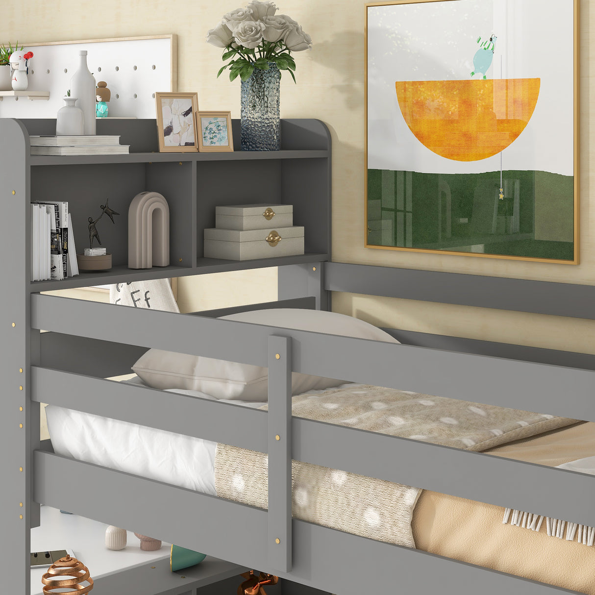 Twin Over Twin Bunk Beds with Bookcase Headboard, Solid Wood Bed Frame with Safety Rail and Ladder, Kids/Teens Bedroom, Guest Room Furniture, Can Be converted into 2 Beds, Grey - Home Elegance USA