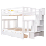 Full Over Full Bunk Bed with 2 Drawers and Staircases, Convertible into 2 Beds, the Bunk Bed with Staircase and Safety Rails for Kids, Teens, Adults, White - Home Elegance USA
