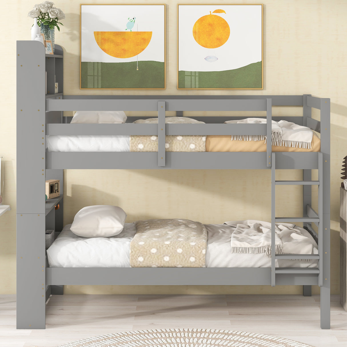 Twin Over Twin Bunk Beds with Bookcase Headboard, Solid Wood Bed Frame with Safety Rail and Ladder, Kids/Teens Bedroom, Guest Room Furniture, Can Be converted into 2 Beds, Grey - Home Elegance USA