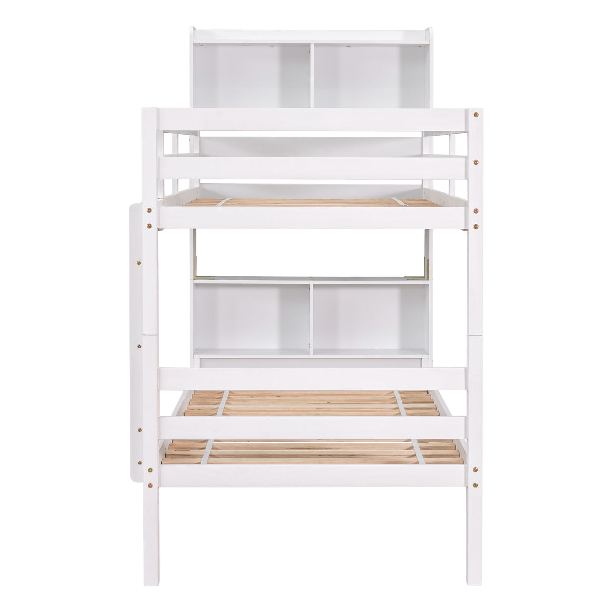 Twin Over Twin Bunk Beds with Bookcase Headboard, Solid Wood Bed Frame with Safety Rail and Ladder, Kids/Teens Bedroom, Guest Room Furniture, Can Be converted into 2 Beds, White - Home Elegance USA