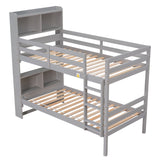 Twin Over Twin Bunk Beds with Bookcase Headboard, Solid Wood Bed Frame with Safety Rail and Ladder, Kids/Teens Bedroom, Guest Room Furniture, Can Be converted into 2 Beds, Grey - Home Elegance USA