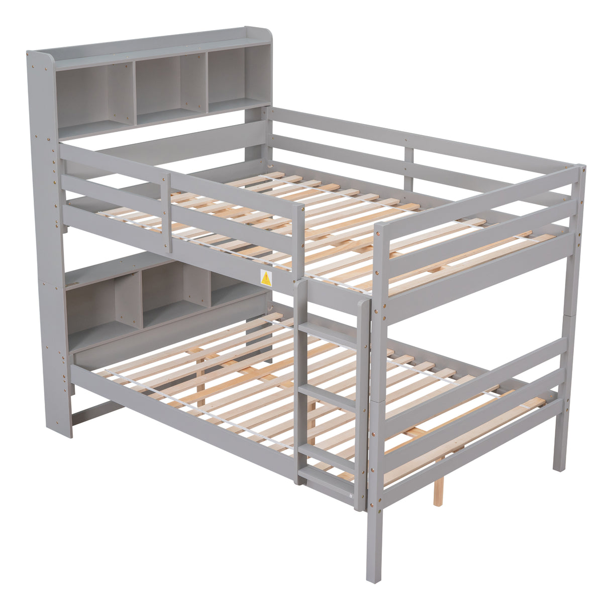 Full Over Full Bunk Beds with Bookcase Headboard, Solid Wood Bed Frame with Safety Rail and Ladder, Kids/Teens Bedroom, Guest Room Furniture, Can Be converted into 2 Beds, Grey - Home Elegance USA