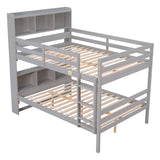 Full Over Full Bunk Beds with Bookcase Headboard, Solid Wood Bed Frame with Safety Rail and Ladder, Kids/Teens Bedroom, Guest Room Furniture, Can Be converted into 2 Beds, Grey - Home Elegance USA