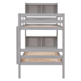 Twin Over Twin Bunk Beds with Bookcase Headboard, Solid Wood Bed Frame with Safety Rail and Ladder, Kids/Teens Bedroom, Guest Room Furniture, Can Be converted into 2 Beds, Grey - Home Elegance USA