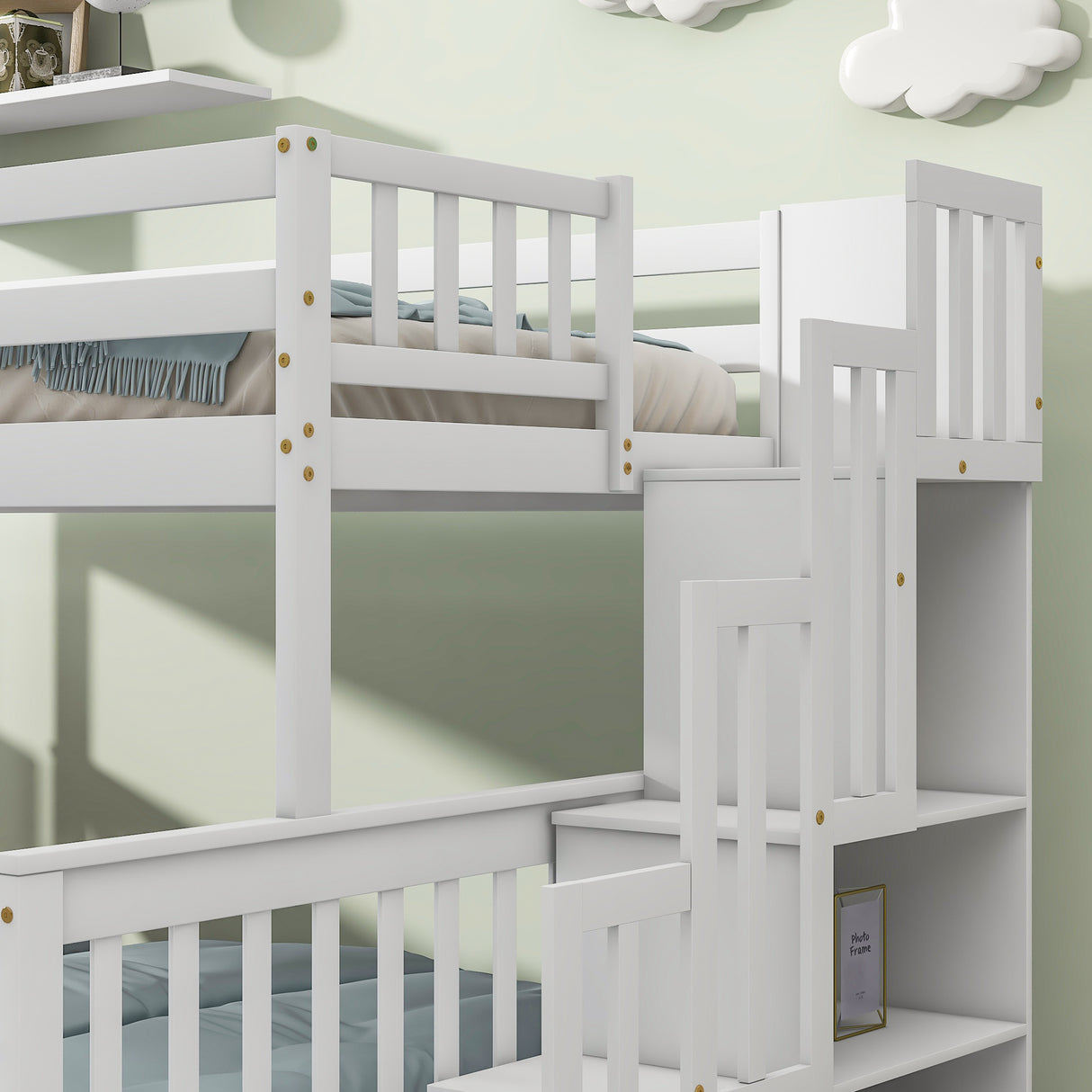 Twin Over Full Bunk Bed with 2 Drawers and Staircases, Convertible into 2 Beds, the Bunk Bed with Staircase and Safety Rails for Kids, Teens, Adults, White Home Elegance USA