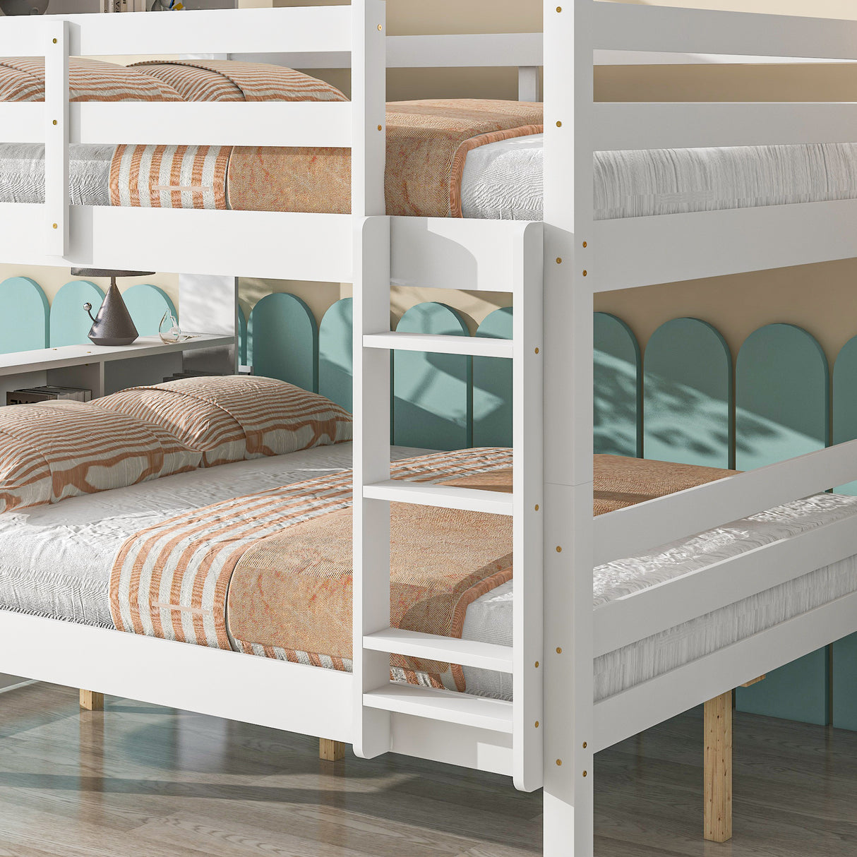 Full Over Full Bunk Beds with Bookcase Headboard, Solid Wood Bed Frame with Safety Rail and Ladder, Kids/Teens Bedroom, Guest Room Furniture, Can Be converted into 2 Beds, White - Home Elegance USA