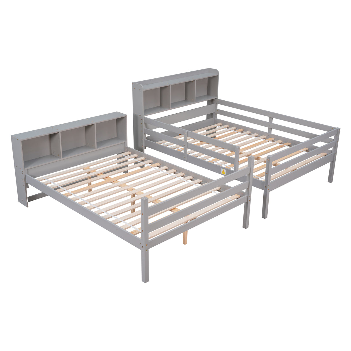 Full Over Full Bunk Beds with Bookcase Headboard, Solid Wood Bed Frame with Safety Rail and Ladder, Kids/Teens Bedroom, Guest Room Furniture, Can Be converted into 2 Beds, Grey - Home Elegance USA