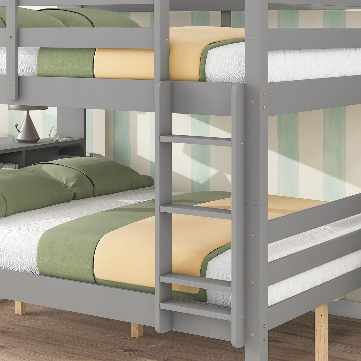 Full Over Full Bunk Beds with Bookcase Headboard, Solid Wood Bed Frame with Safety Rail and Ladder, Kids/Teens Bedroom, Guest Room Furniture, Can Be converted into 2 Beds, Grey - Home Elegance USA