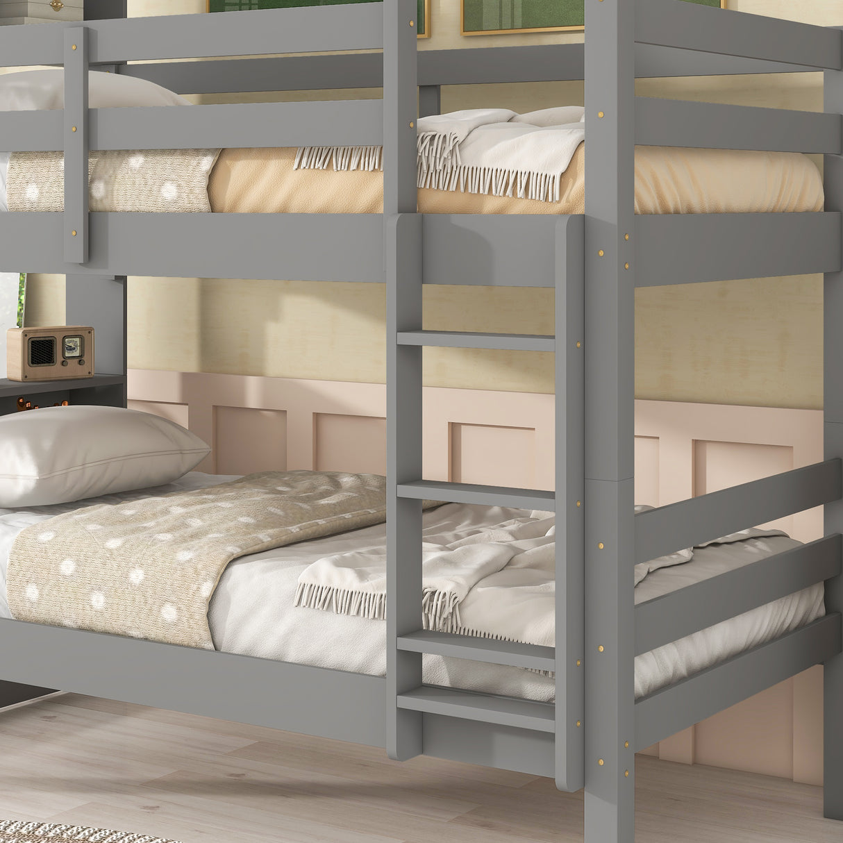 Twin Over Twin Bunk Beds with Bookcase Headboard, Solid Wood Bed Frame with Safety Rail and Ladder, Kids/Teens Bedroom, Guest Room Furniture, Can Be converted into 2 Beds, Grey - Home Elegance USA