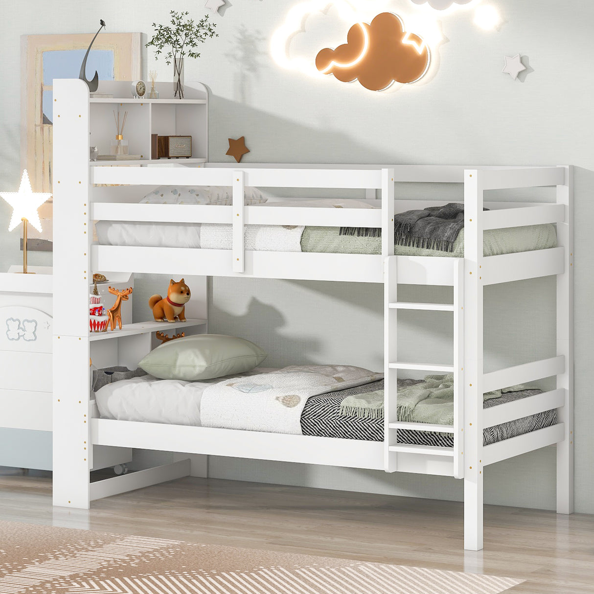 Twin Over Twin Bunk Beds with Bookcase Headboard, Solid Wood Bed Frame with Safety Rail and Ladder, Kids/Teens Bedroom, Guest Room Furniture, Can Be converted into 2 Beds, White - Home Elegance USA