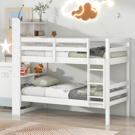 Twin Over Twin Bunk Beds with Bookcase Headboard, Solid Wood Bed Frame with Safety Rail and Ladder, Kids/Teens Bedroom, Guest Room Furniture, Can Be converted into 2 Beds, White - Home Elegance USA