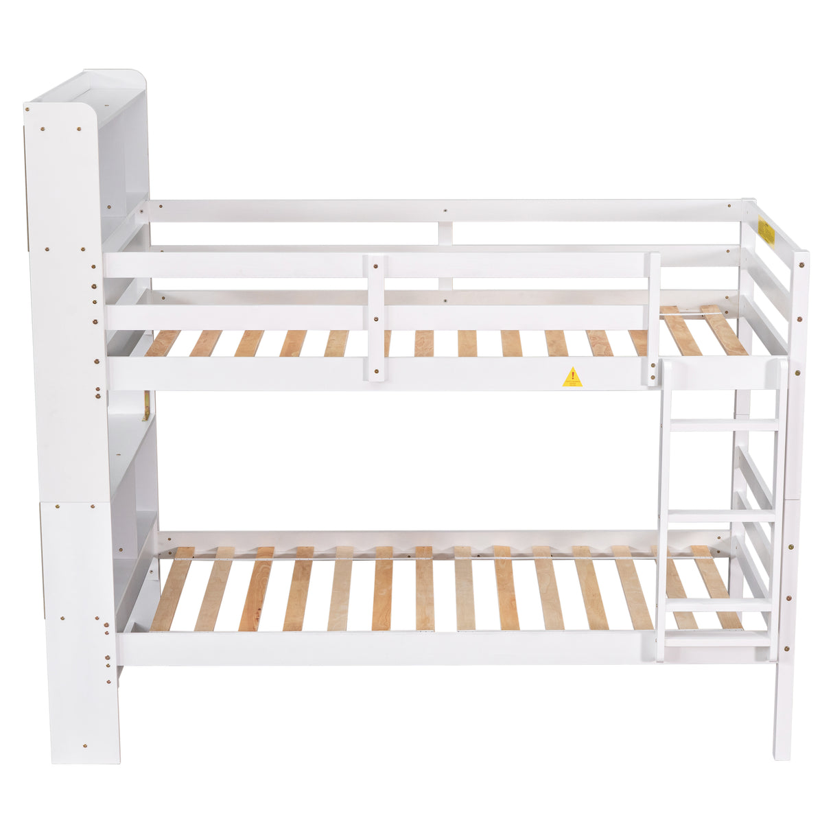 Twin Over Twin Bunk Beds with Bookcase Headboard, Solid Wood Bed Frame with Safety Rail and Ladder, Kids/Teens Bedroom, Guest Room Furniture, Can Be converted into 2 Beds, White - Home Elegance USA