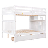 Full Over Full Bunk Bed with 2 Drawers and Staircases, Convertible into 2 Beds, the Bunk Bed with Staircase and Safety Rails for Kids, Teens, Adults, White - Home Elegance USA