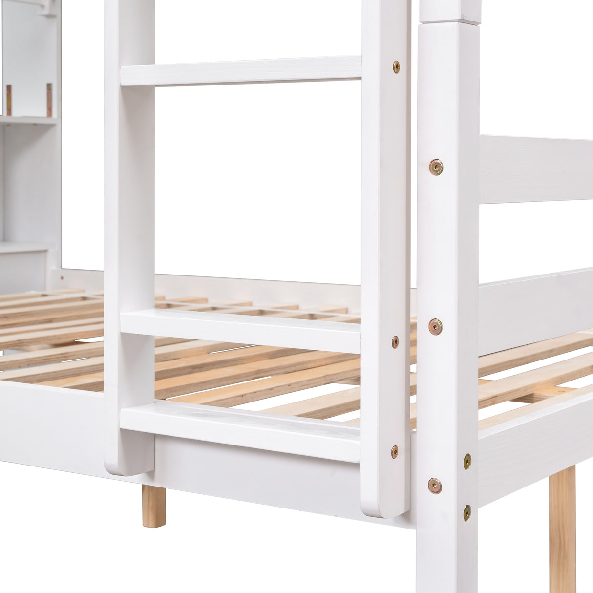 Full Over Full Bunk Beds with Bookcase Headboard, Solid Wood Bed Frame with Safety Rail and Ladder, Kids/Teens Bedroom, Guest Room Furniture, Can Be converted into 2 Beds, White - Home Elegance USA