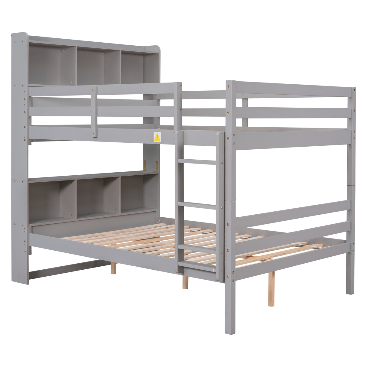 Full Over Full Bunk Beds with Bookcase Headboard, Solid Wood Bed Frame with Safety Rail and Ladder, Kids/Teens Bedroom, Guest Room Furniture, Can Be converted into 2 Beds, Grey - Home Elegance USA