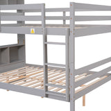 Full Over Full Bunk Beds with Bookcase Headboard, Solid Wood Bed Frame with Safety Rail and Ladder, Kids/Teens Bedroom, Guest Room Furniture, Can Be converted into 2 Beds, Grey - Home Elegance USA