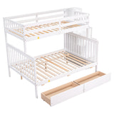 Twin Over Full Bunk Bed with 2 Drawers and Staircases, Convertible into 2 Beds, the Bunk Bed with Staircase and Safety Rails for Kids, Teens, Adults, White Home Elegance USA