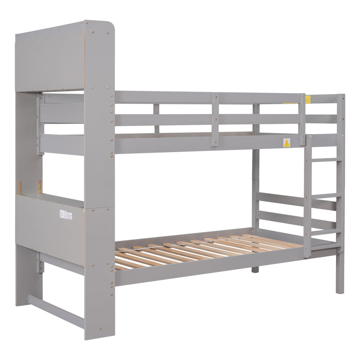 Twin Over Twin Bunk Beds with Bookcase Headboard, Solid Wood Bed Frame with Safety Rail and Ladder, Kids/Teens Bedroom, Guest Room Furniture, Can Be converted into 2 Beds, Grey - Home Elegance USA