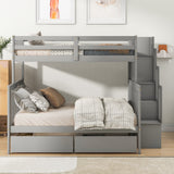 Twin Over Full Bunk Bed with 2 Drawers and Staircases, Convertible into 2 Beds, the Bunk Bed with Staircase and Safety Rails for Kids, Teens, Adults, Grey - Home Elegance USA