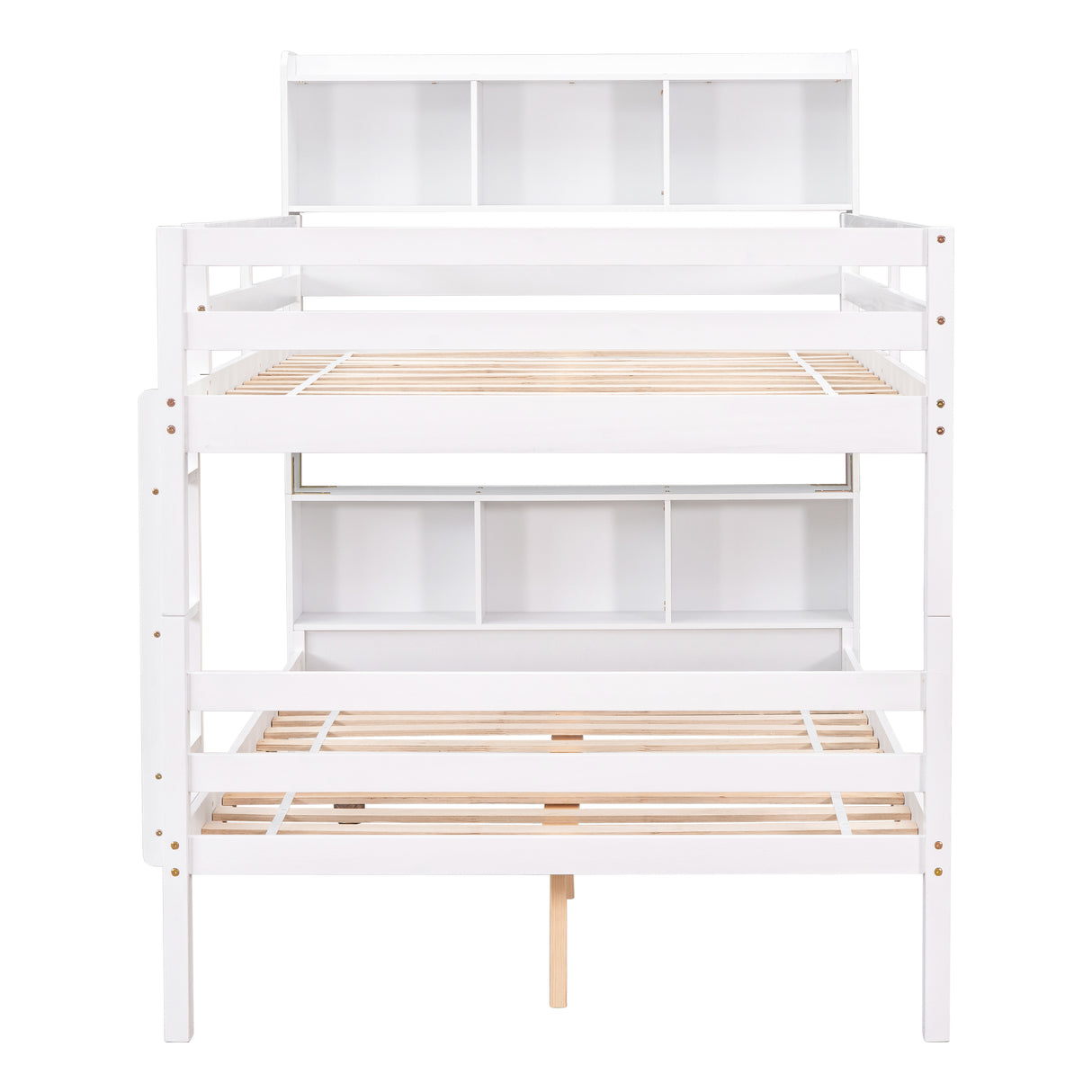 Full Over Full Bunk Beds with Bookcase Headboard, Solid Wood Bed Frame with Safety Rail and Ladder, Kids/Teens Bedroom, Guest Room Furniture, Can Be converted into 2 Beds, White - Home Elegance USA