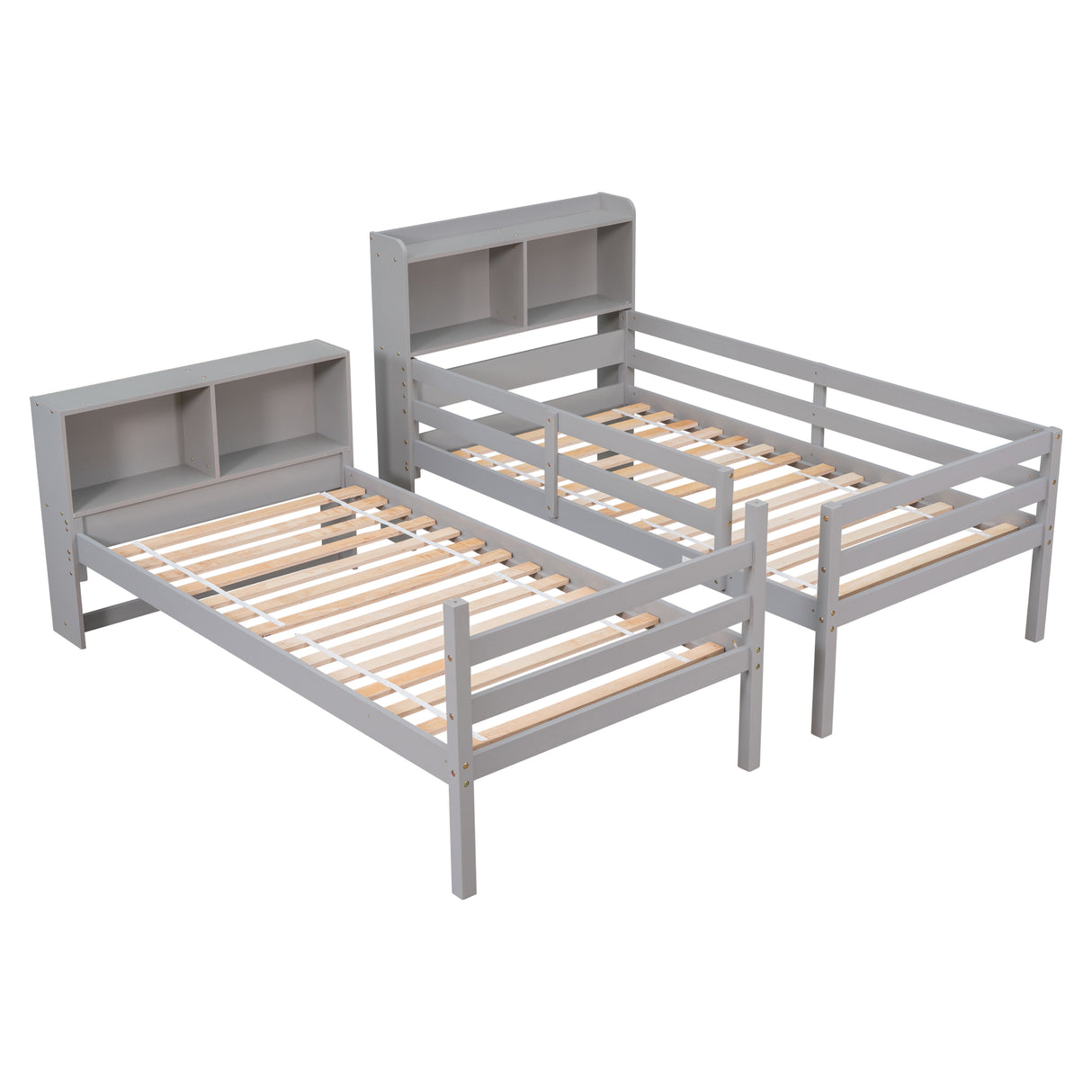 Twin Over Twin Bunk Beds with Bookcase Headboard, Solid Wood Bed Frame with Safety Rail and Ladder, Kids/Teens Bedroom, Guest Room Furniture, Can Be converted into 2 Beds, Grey - Home Elegance USA