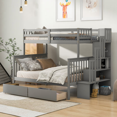 Twin Over Full Bunk Bed with 2 Drawers and Staircases, Convertible into 2 Beds, the Bunk Bed with Staircase and Safety Rails for Kids, Teens, Adults, Grey - Home Elegance USA