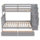 Twin Over Full Bunk Bed with 2 Drawers and Staircases, Convertible into 2 Beds, the Bunk Bed with Staircase and Safety Rails for Kids, Teens, Adults, Grey - Home Elegance USA