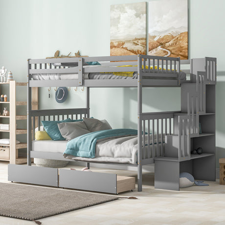 Full Over Full Bunk Bed with 2 Drawers and Staircases, Convertible into 2 Beds, the Bunk Bed with Staircase and Safety Rails for Kids, Teens, Adults, Grey - Home Elegance USA