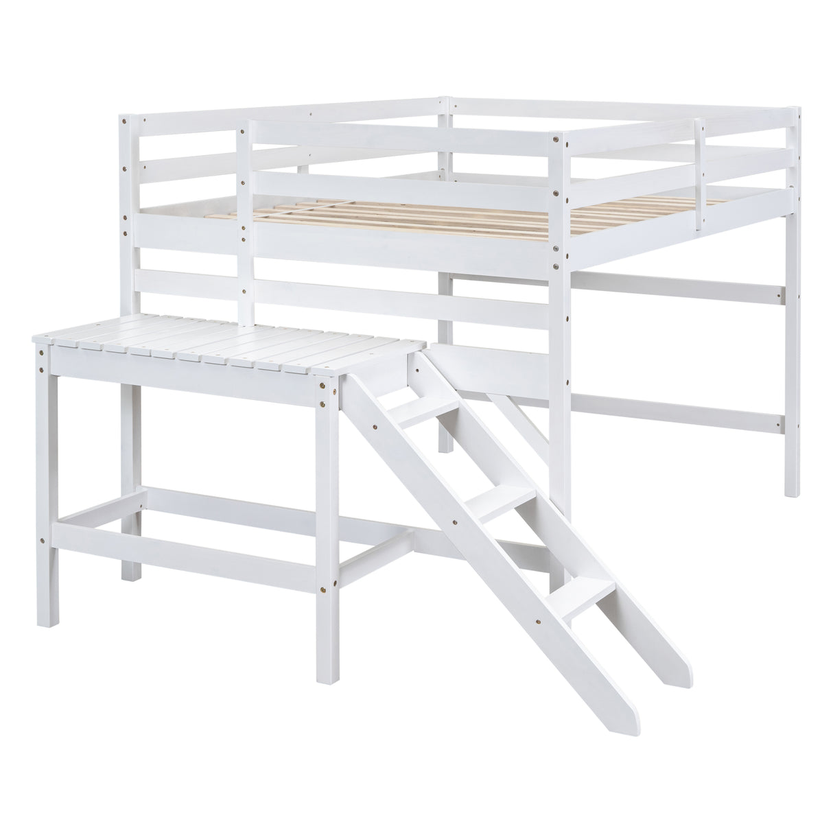 Full Loft Bed with Platform,ladder,White - Home Elegance USA