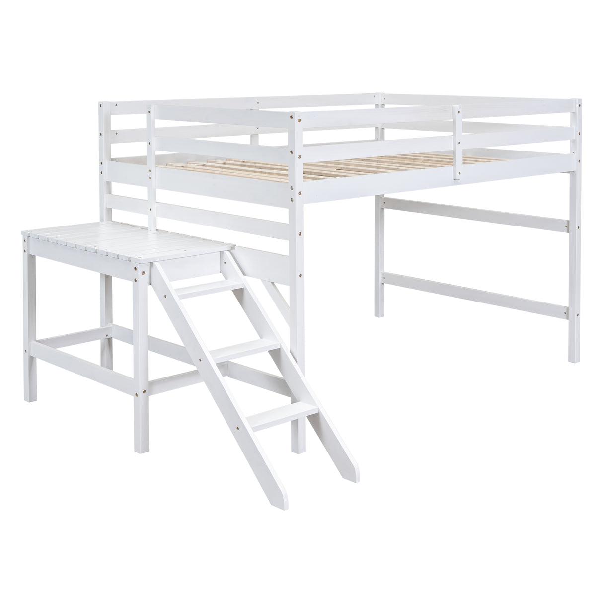 Full Loft Bed with Platform,ladder,White - Home Elegance USA