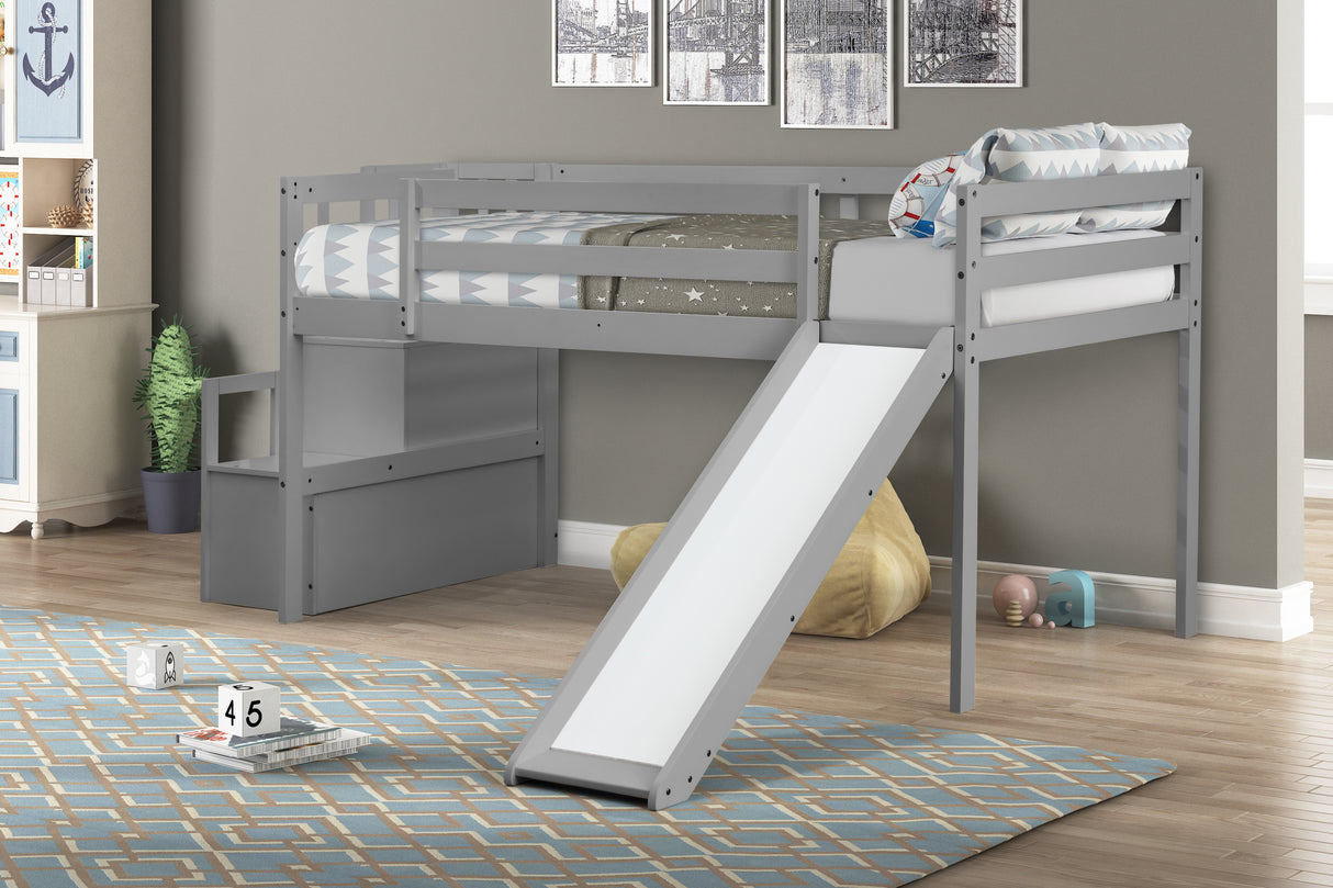 Loft Bed with Staircase, Storage, Slide, Twin size, Full-length Safety Guardrails, No Box Spring Needed, Grey (Old Sku:W504S00005) - Home Elegance USA