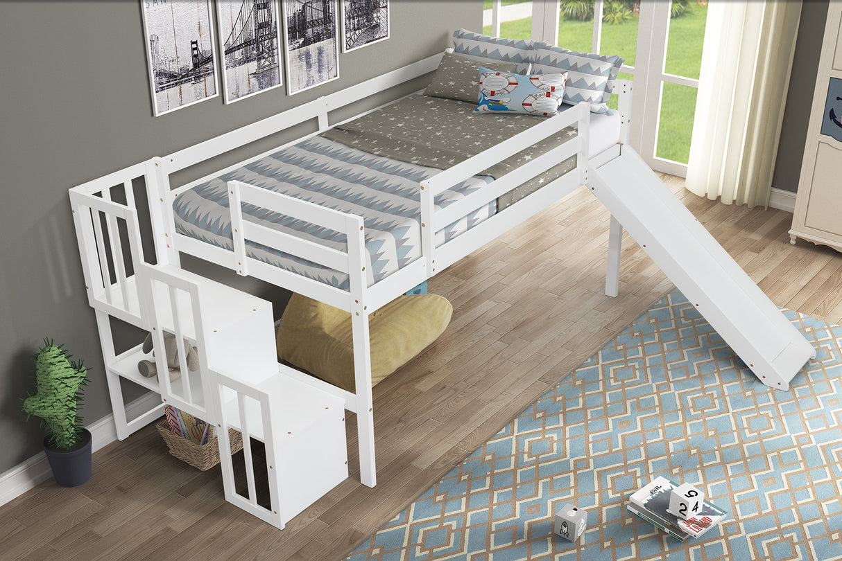 Loft Bed with Staircase, Storage, Slide, Twin size, Full-length Safety Guardrails, No Box Spring Needed, White (Old Sku:W504S00004) - Home Elegance USA