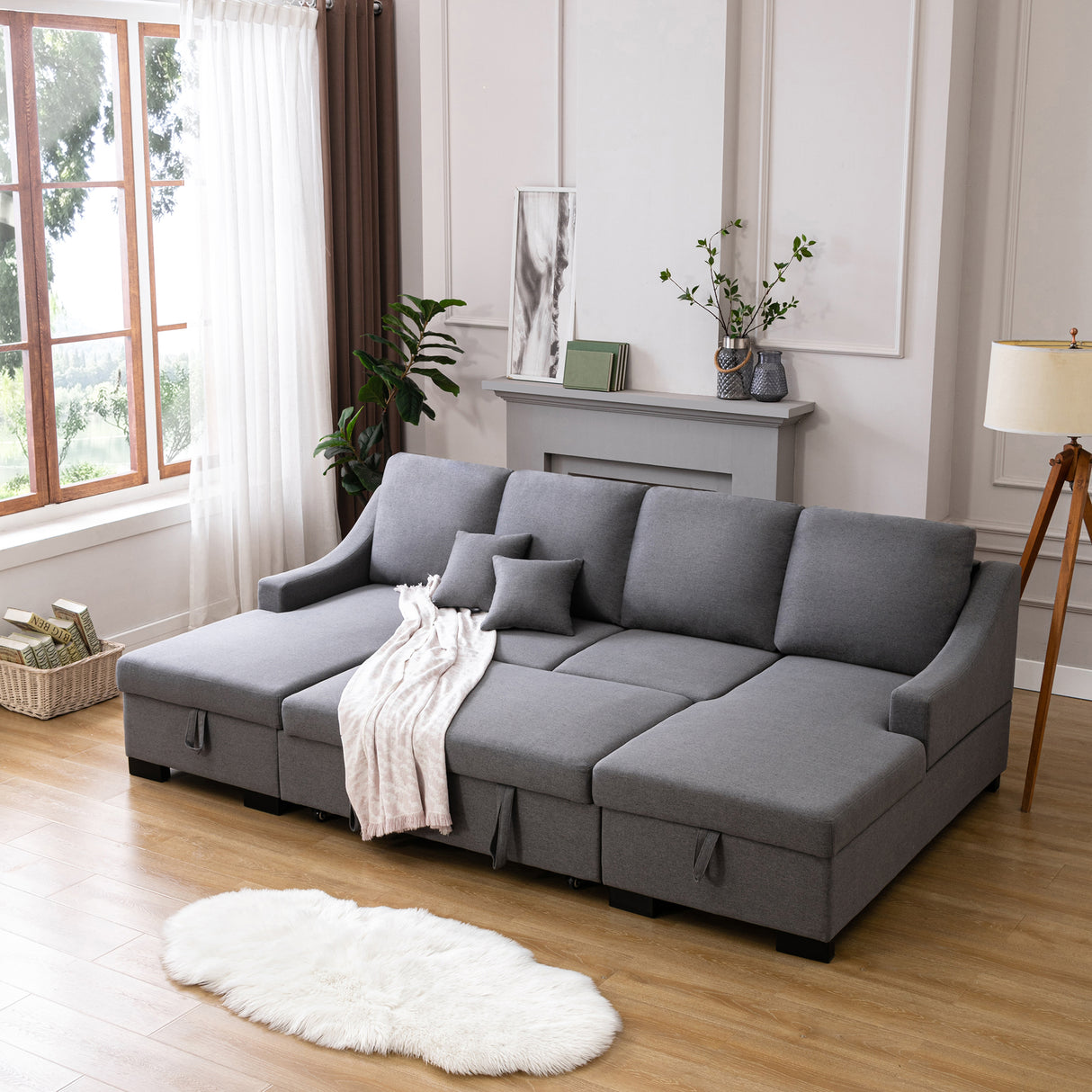 U_STYLE Upholstery Sleeper Sectional Sofa with Double Storage Spaces, 2 Tossing Cushions, Grey - Home Elegance USA