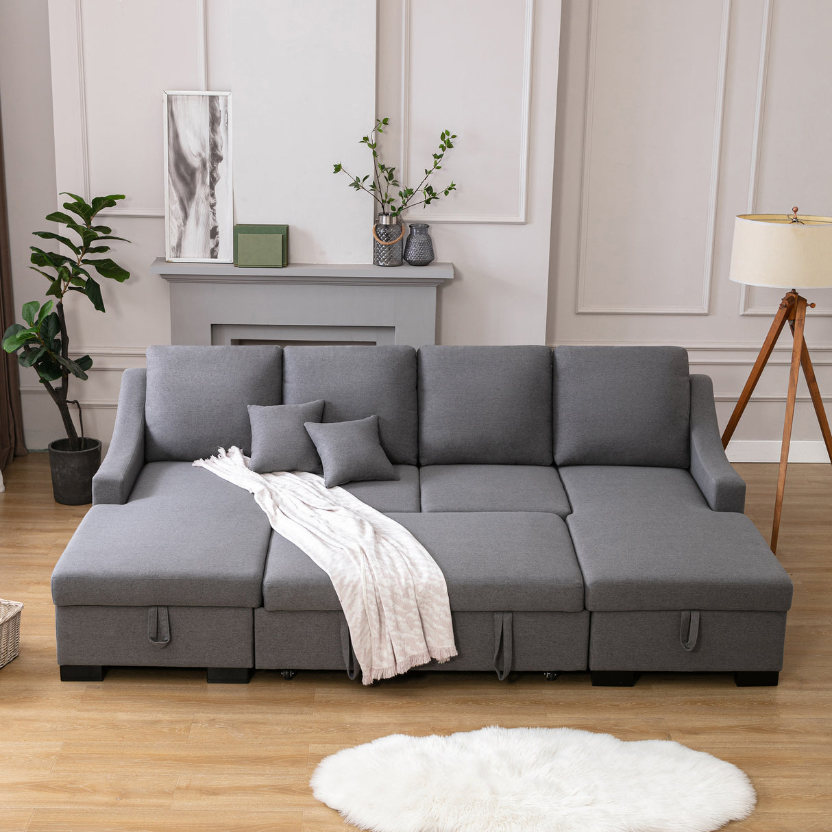 U_STYLE Upholstery Sleeper Sectional Sofa with Double Storage Spaces, 2 Tossing Cushions, Grey - Home Elegance USA