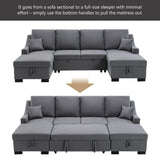 U_STYLE Upholstery Sleeper Sectional Sofa with Double Storage Spaces, 2 Tossing Cushions, Grey - Home Elegance USA