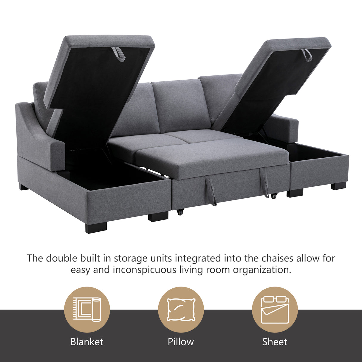 U_STYLE Upholstery Sleeper Sectional Sofa with Double Storage Spaces, 2 Tossing Cushions, Grey - Home Elegance USA