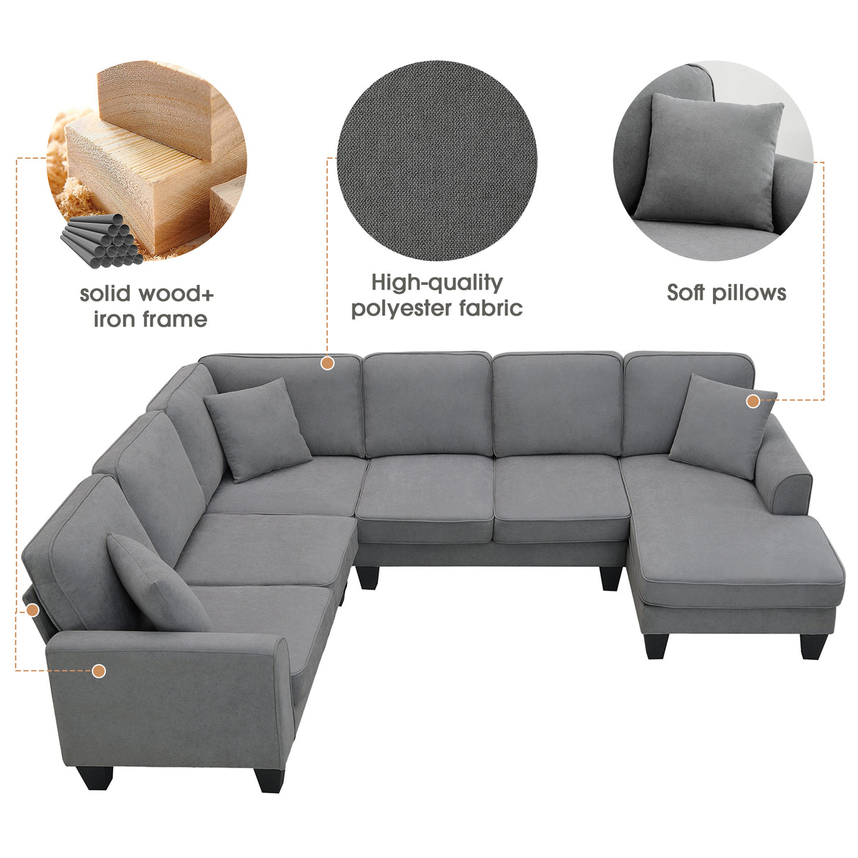 [VIDEO provided] [New] 108*85.5" Modern U Shape Sectional Sofa, 7 Seat Fabric Sectional Sofa Set with 3 Pillows Included for Living Room, Apartment, Office,3 Colors - Home Elegance USA