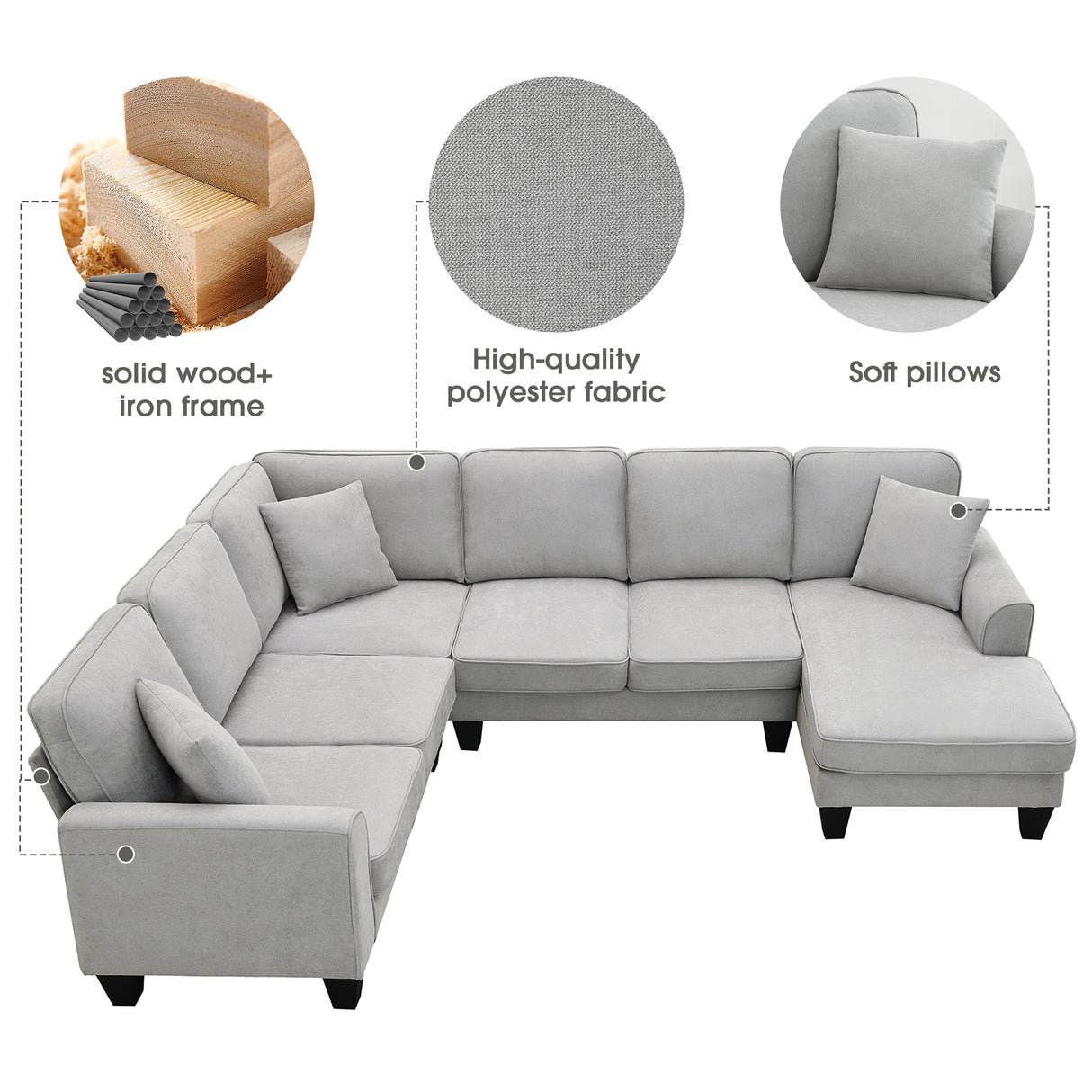 [VIDEO provided] [New] 108*85.5" Modern U Shape Sectional Sofa, 7 Seat Fabric Sectional Sofa Set with 3 Pillows Included for Living Room, Apartment, Office,3 Colors - Home Elegance USA