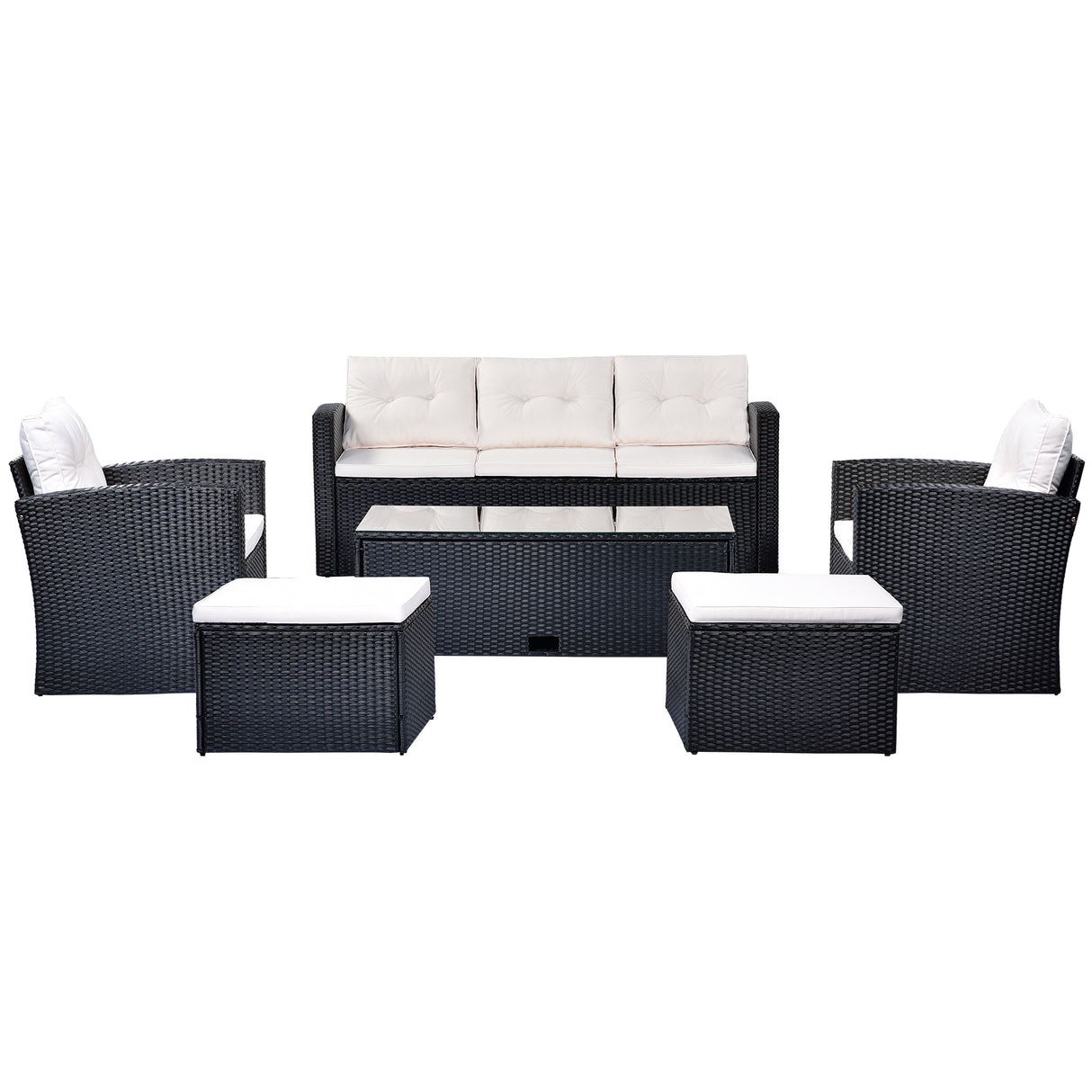 GO 6-piece All-Weather Wicker PE rattan Patio Outdoor Dining Conversation Sectional Set with coffee table, wicker sofas, ottomans, removable cushions (Black wicker, Beige cushion) - Home Elegance USA