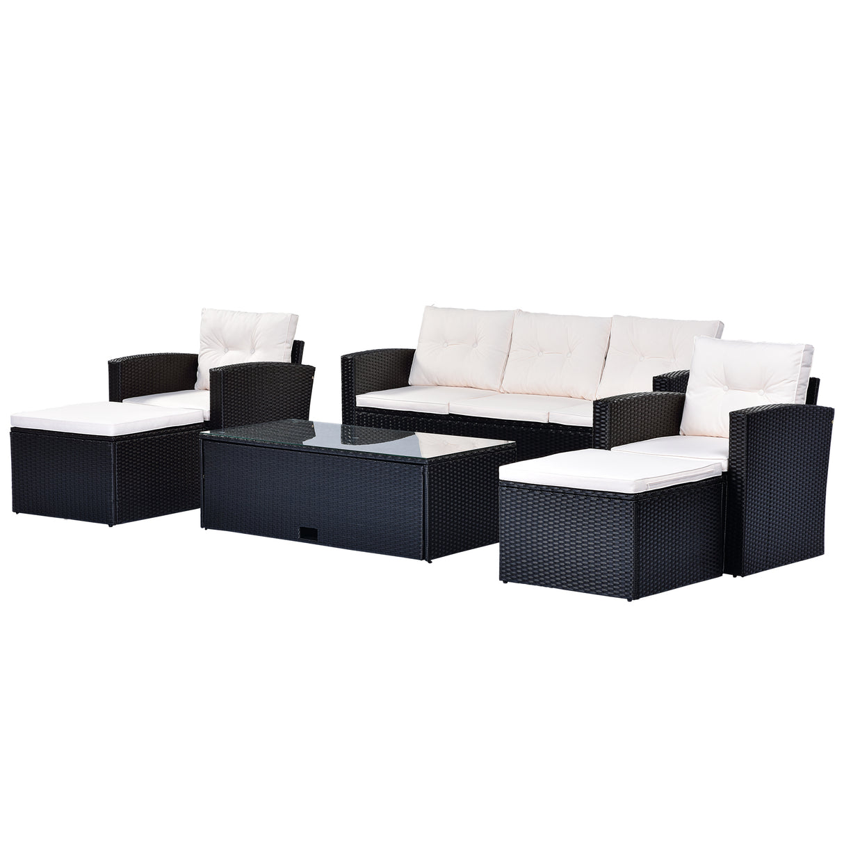 GO 6-piece All-Weather Wicker PE rattan Patio Outdoor Dining Conversation Sectional Set with coffee table, wicker sofas, ottomans, removable cushions (Black wicker, Beige cushion) - Home Elegance USA