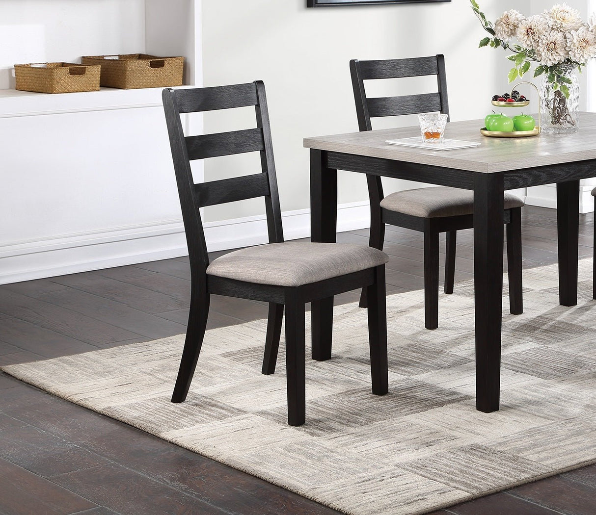 Classic Stylish Black Finish 5pc Dining Set Kitchen Dinette Wooden Top Table and Chairs Upholstered Cushions Seats Ladder Back Chair Dining Room - Home Elegance USA
