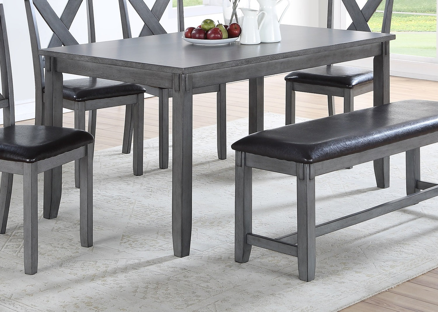Dining Room Furniture Casual Modern 6pc Set Dining Table 4x Side Chairs and A Bench Rubberwood and Birch veneers Gray Finish | Home Elegance USA