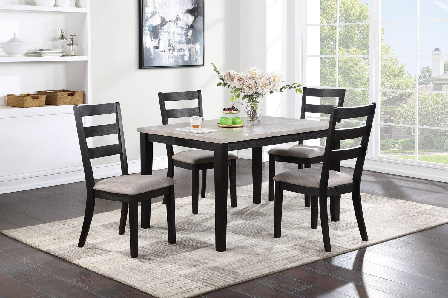 Classic Stylish Black Finish 5pc Dining Set Kitchen Dinette Wooden Top Table and Chairs Upholstered Cushions Seats Ladder Back Chair Dining Room - Home Elegance USA