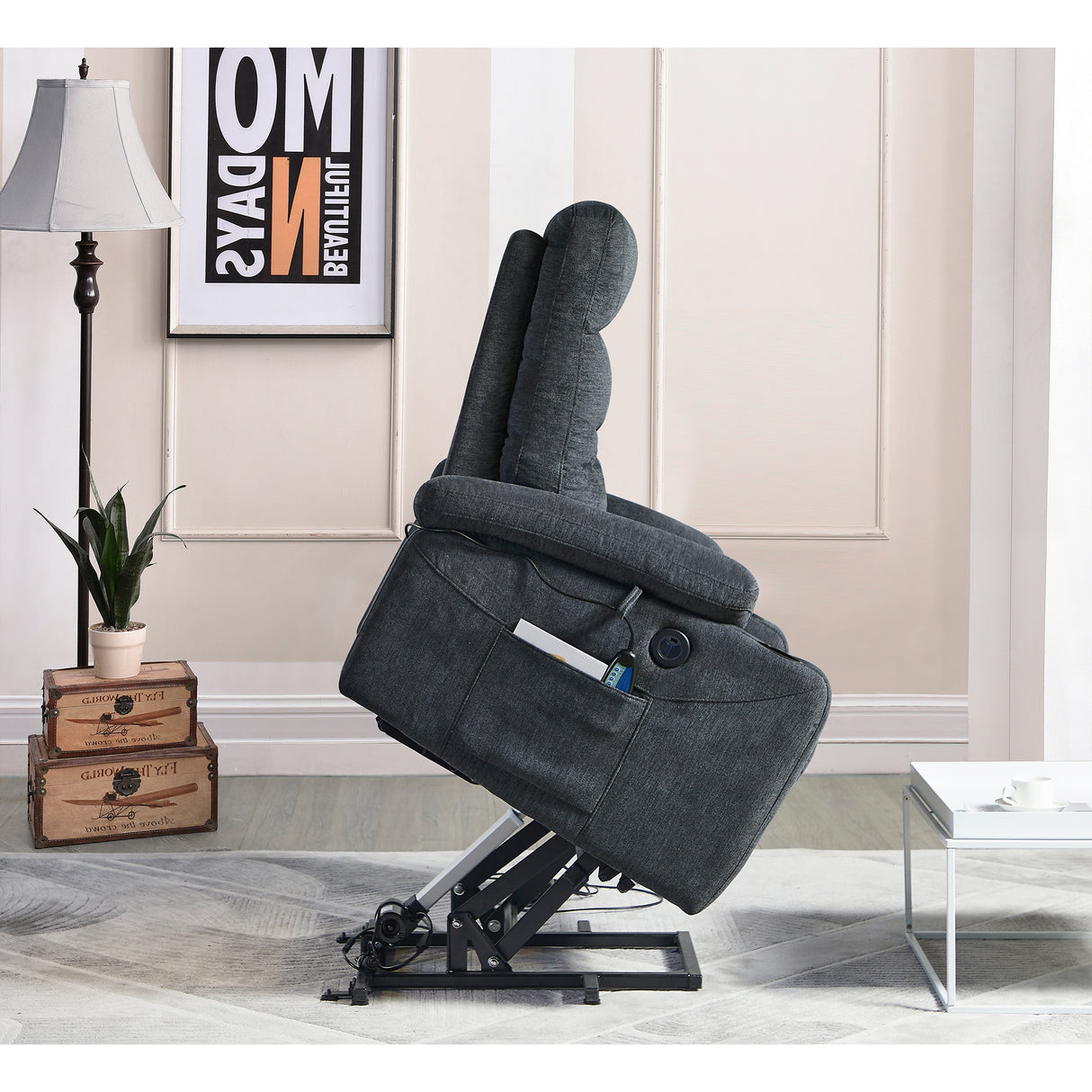 Liyasi Electric Power Lift Recliner Chair  with Massage and Heat for Elderly, 3 Positions, 2 Side Pockets, Cup Holders, USB Charge Ports, High-end  Quality Cloth Power Reclining Chair For Living Room. Home Elegance USA