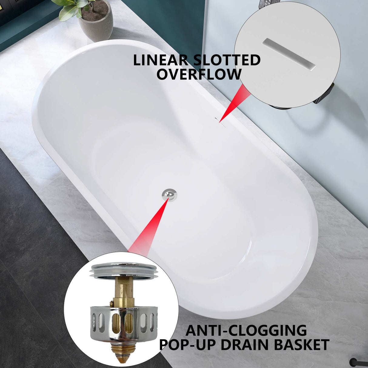 67" Acrylic Freestanding Bathtub, Matte Black Modern Stand Alone Soaking Bathtub, Brushed Nickel Drain and Minimalist Linear Design Overflow Included Easy to Install