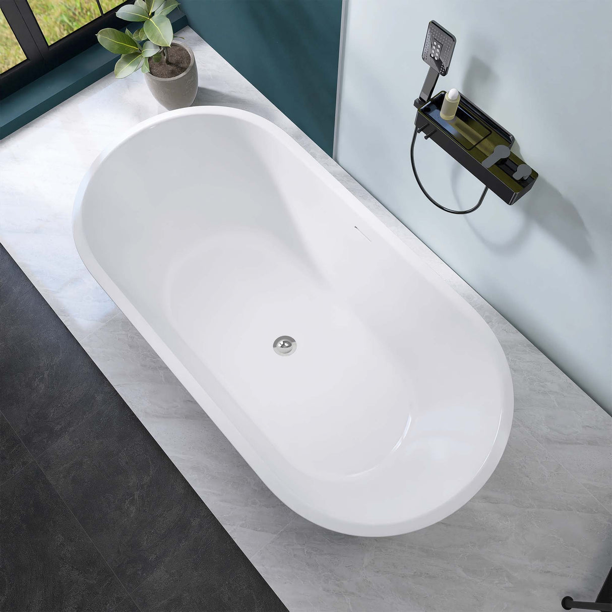 67" Acrylic Freestanding Bathtub, Matte Black Modern Stand Alone Soaking Bathtub, Brushed Nickel Drain and Minimalist Linear Design Overflow Included Easy to Install