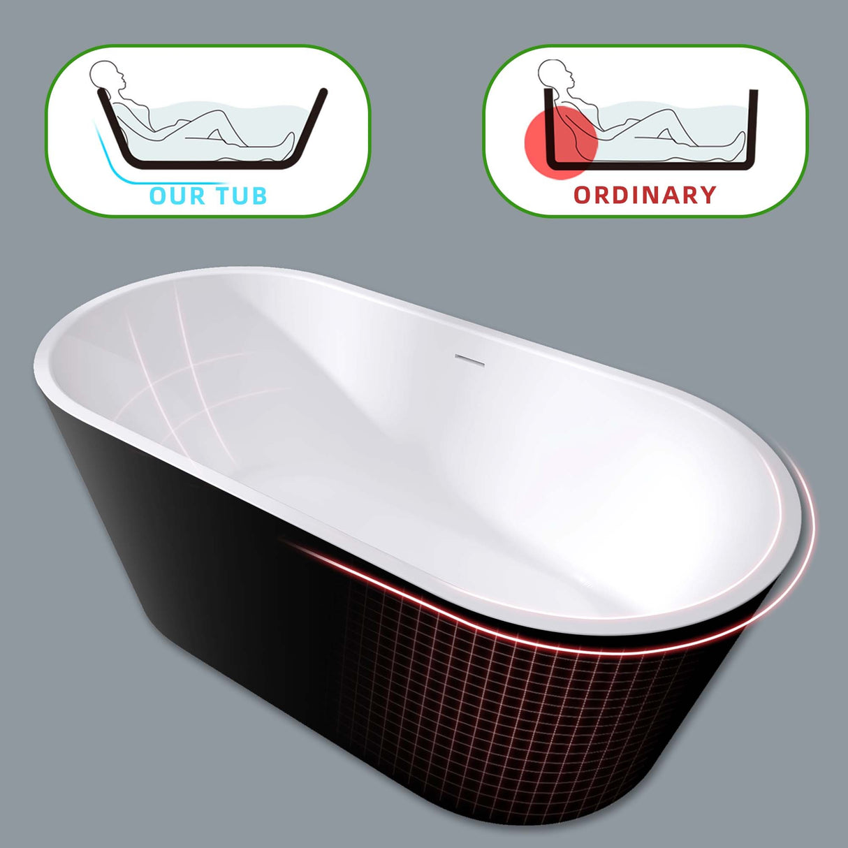 67" Acrylic Freestanding Bathtub, Matte Black Modern Stand Alone Soaking Bathtub, Brushed Nickel Drain and Minimalist Linear Design Overflow Included Easy to Install
