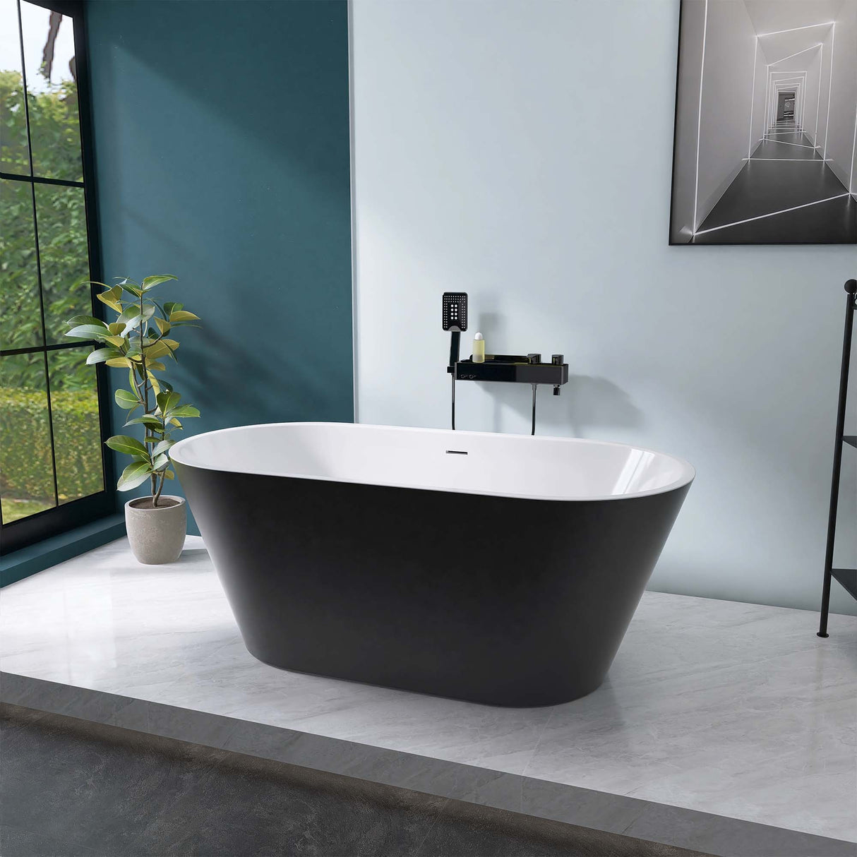 67" Acrylic Freestanding Bathtub, Matte Black Modern Stand Alone Soaking Bathtub, Brushed Nickel Drain and Minimalist Linear Design Overflow Included Easy to Install