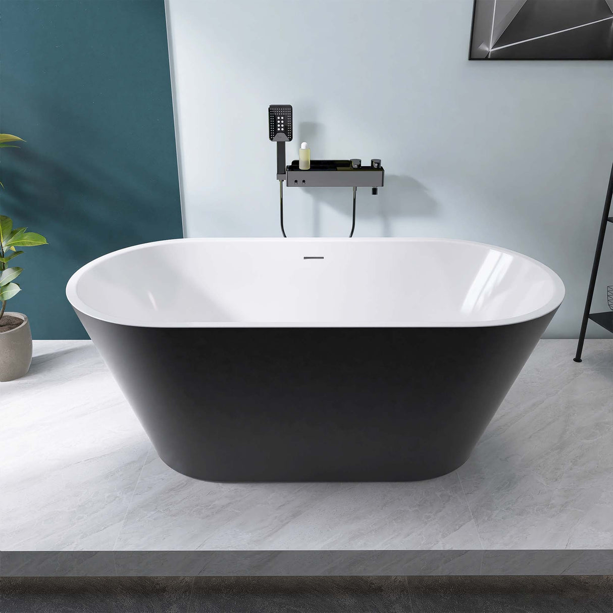 67" Acrylic Freestanding Bathtub, Matte Black Modern Stand Alone Soaking Bathtub, Brushed Nickel Drain and Minimalist Linear Design Overflow Included Easy to Install